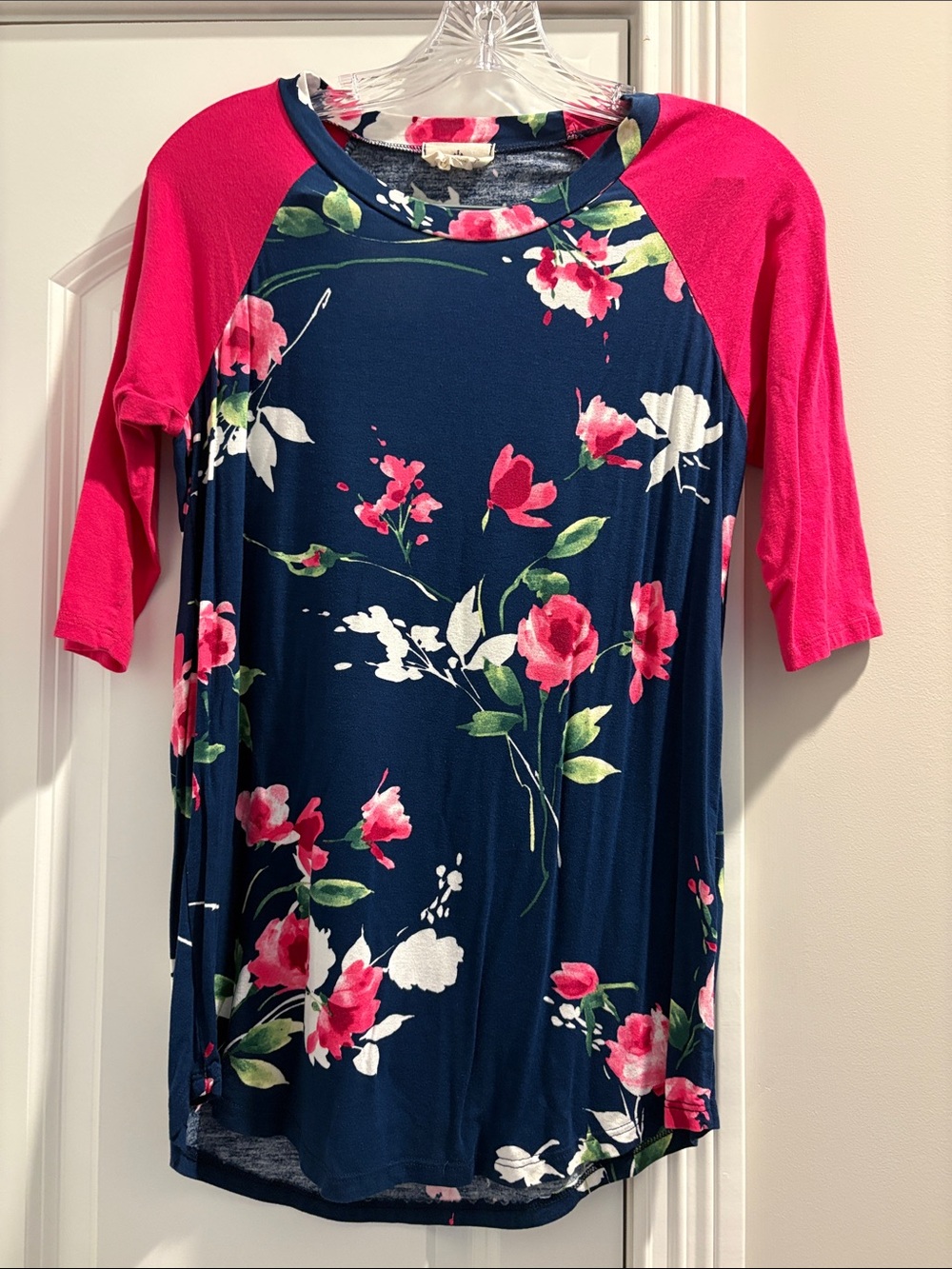Floral Raglan Sleeve Women's Top - Navy with Pink Floral